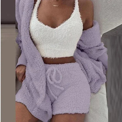 2024 Winter Women’s Velvet Pajama Set - Sexy V-Neck Crop Top, Shorts & Cozy Cardigan S-3XL Plus Size, Warm Thick Homewear