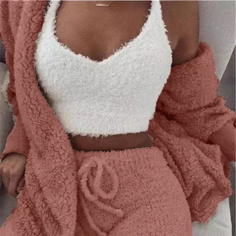 2024 Winter Women’s Velvet Pajama Set - Sexy V-Neck Crop Top, Shorts & Cozy Cardigan S-3XL Plus Size, Warm Thick Homewear