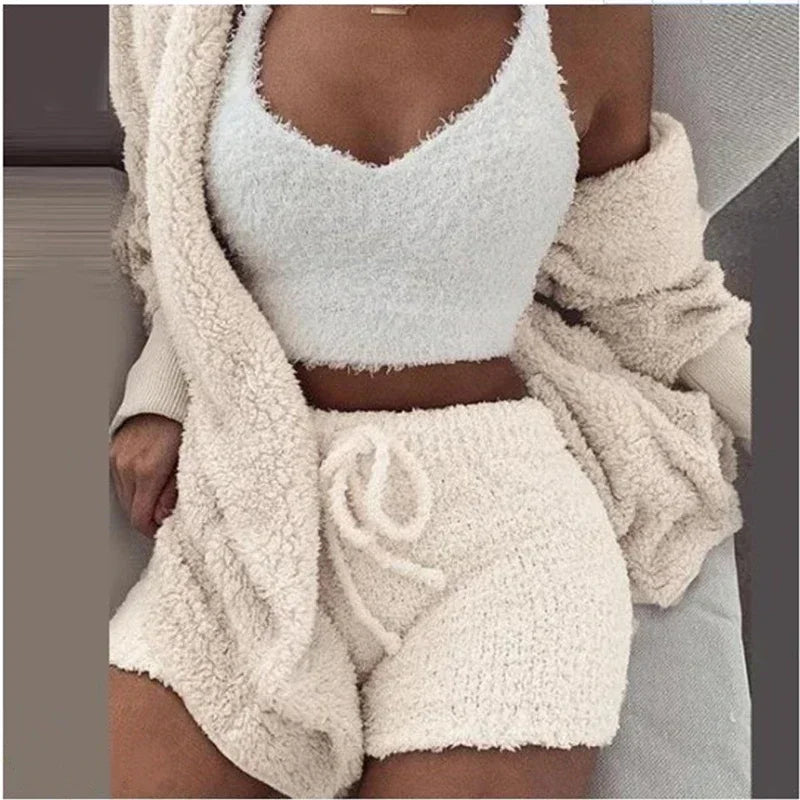 2024 Winter Women’s Velvet Pajama Set - Sexy V-Neck Crop Top, Shorts & Cozy Cardigan S-3XL Plus Size, Warm Thick Homewear