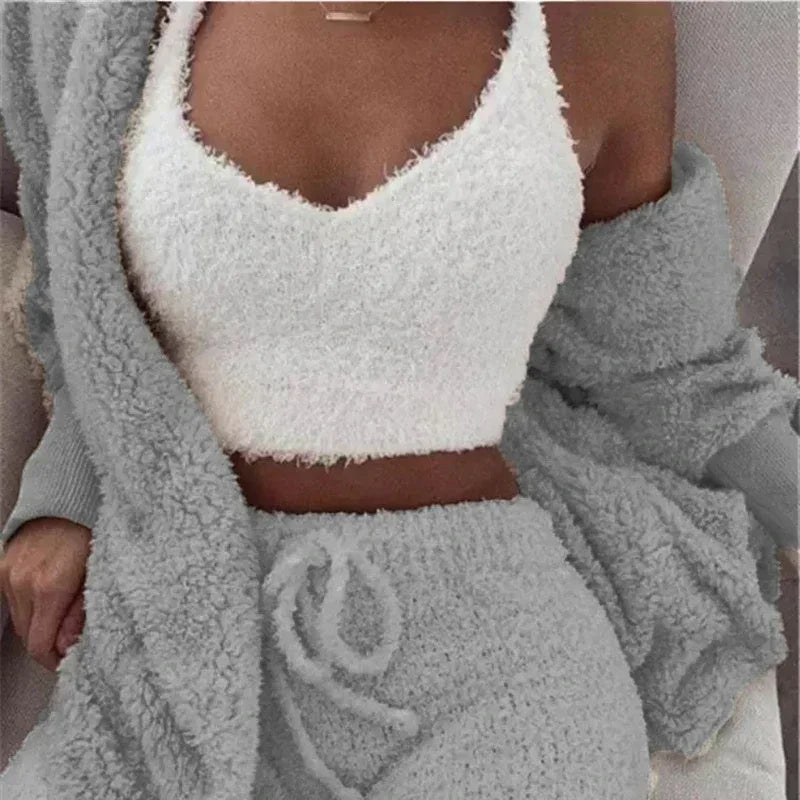 2024 Winter Women’s Velvet Pajama Set - Sexy V-Neck Crop Top, Shorts & Cozy Cardigan S-3XL Plus Size, Warm Thick Homewear