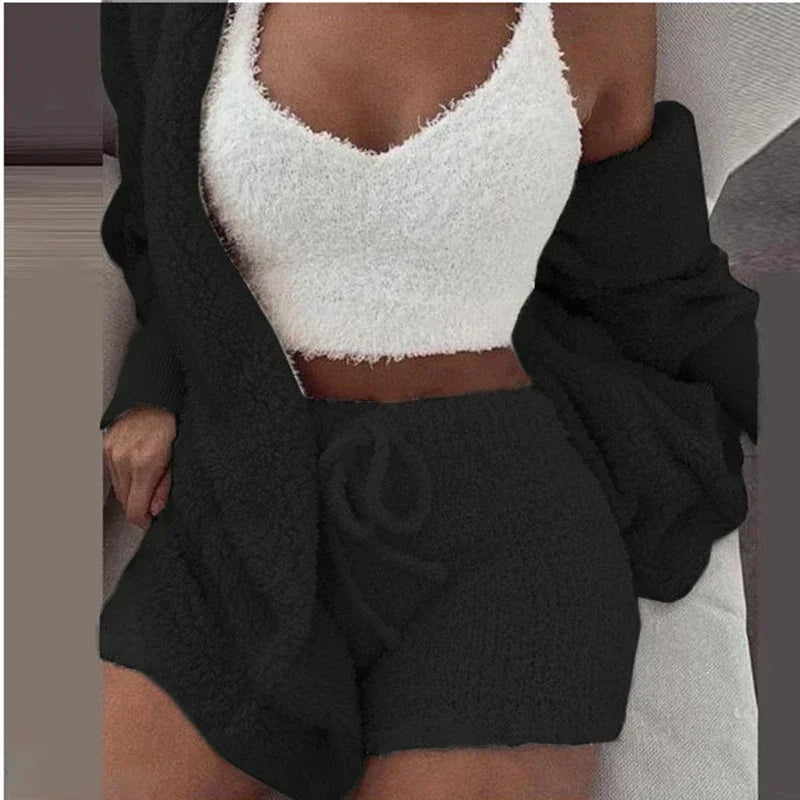 2024 Winter Women’s Velvet Pajama Set - Sexy V-Neck Crop Top, Shorts & Cozy Cardigan S-3XL Plus Size, Warm Thick Homewear