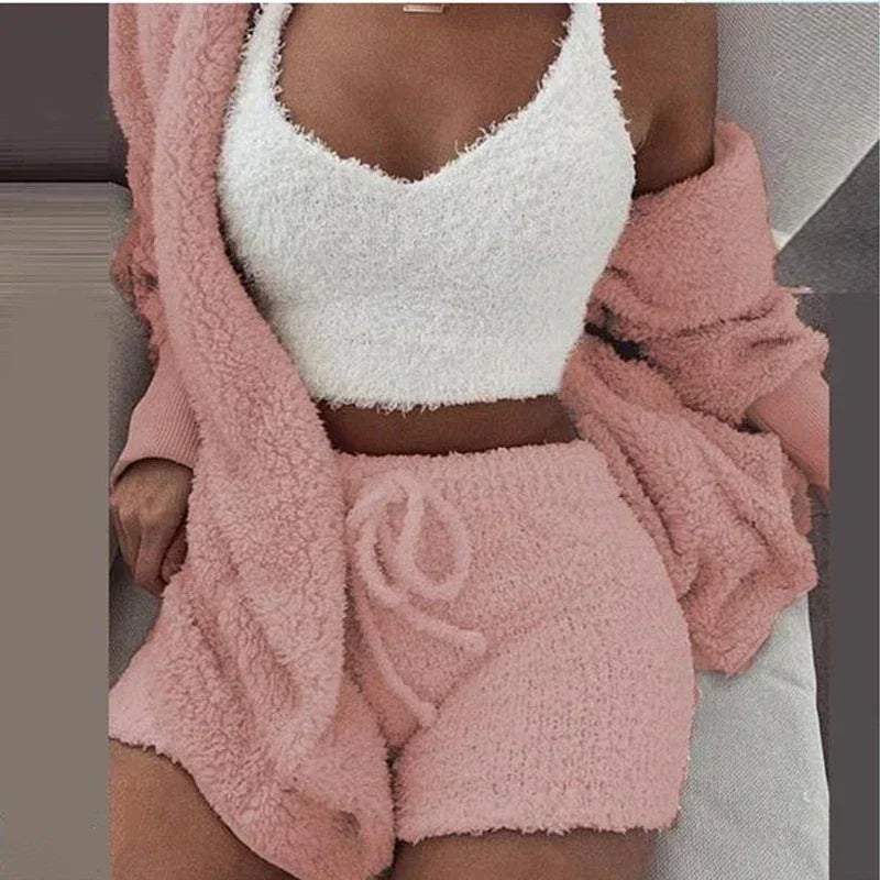 2024 Winter Women’s Velvet Pajama Set - Sexy V-Neck Crop Top, Shorts & Cozy Cardigan S-3XL Plus Size, Warm Thick Homewear