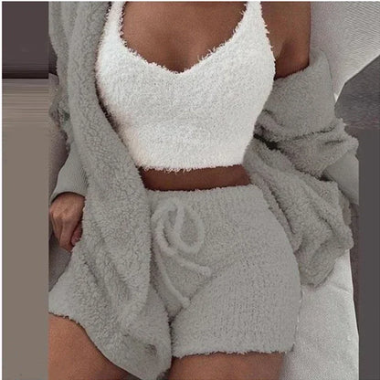 2024 Winter Women’s Velvet Pajama Set - Sexy V-Neck Crop Top, Shorts & Cozy Cardigan S-3XL Plus Size, Warm Thick Homewear