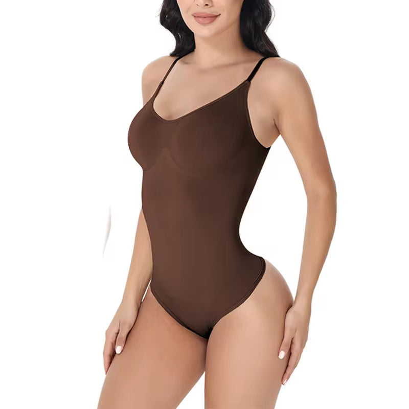 V-Neck Spaghetti Strap Bodysuit - Open Crotch Compression Shaper (Slimming & Smoothing, Up to 3XL)