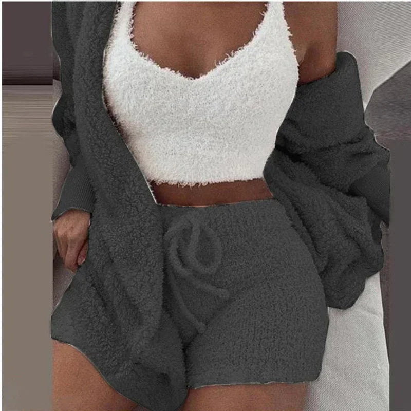 2024 Winter Women’s Velvet Pajama Set - Sexy V-Neck Crop Top, Shorts & Cozy Cardigan S-3XL Plus Size, Warm Thick Homewear