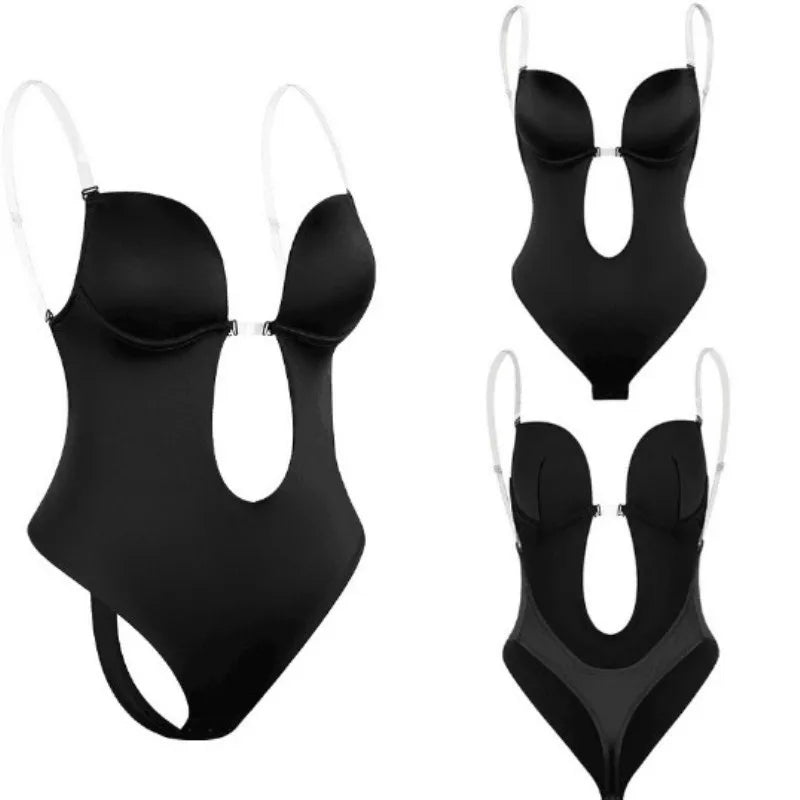 Invisible Thong Bodysuit Shaper - Sexy Deep V-Neck Backless Corset with Padded Push-Up (Slimming, Up to 3XL)