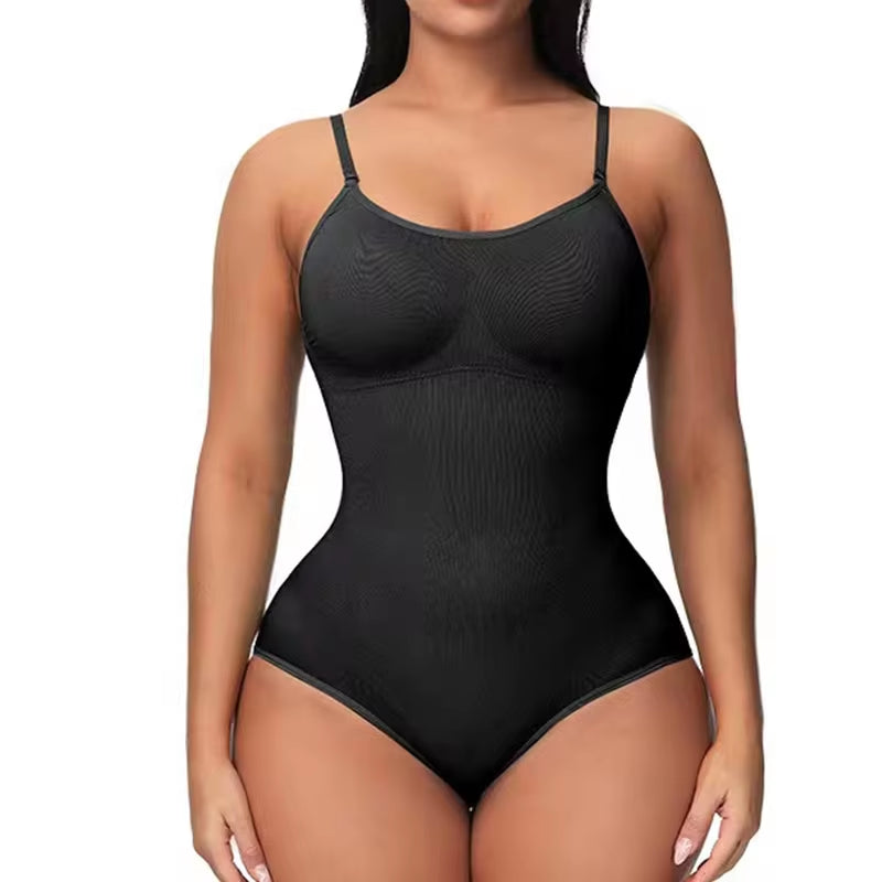 V-Neck Spaghetti Strap Bodysuit - Open Crotch Compression Shaper (Slimming & Smoothing, Up to 3XL)