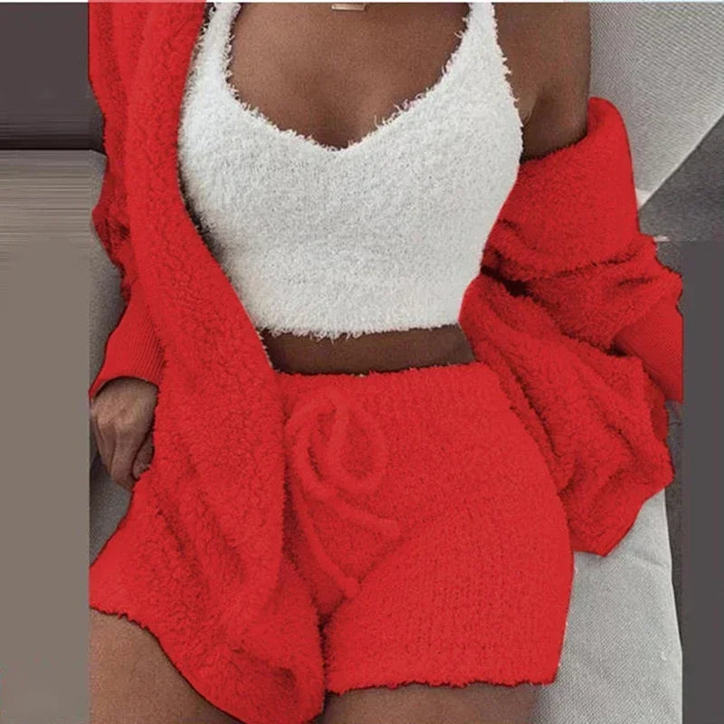 2024 Winter Women’s Velvet Pajama Set - Sexy V-Neck Crop Top, Shorts & Cozy Cardigan S-3XL Plus Size, Warm Thick Homewear