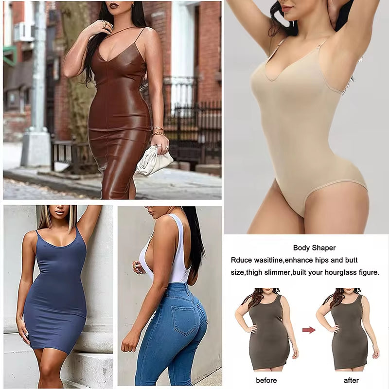 V-Neck Spaghetti Strap Bodysuit - Open Crotch Compression Shaper (Slimming & Smoothing, Up to 3XL)