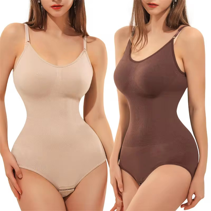 V-Neck Spaghetti Strap Bodysuit - Open Crotch Compression Shaper (Slimming & Smoothing, Up to 3XL)